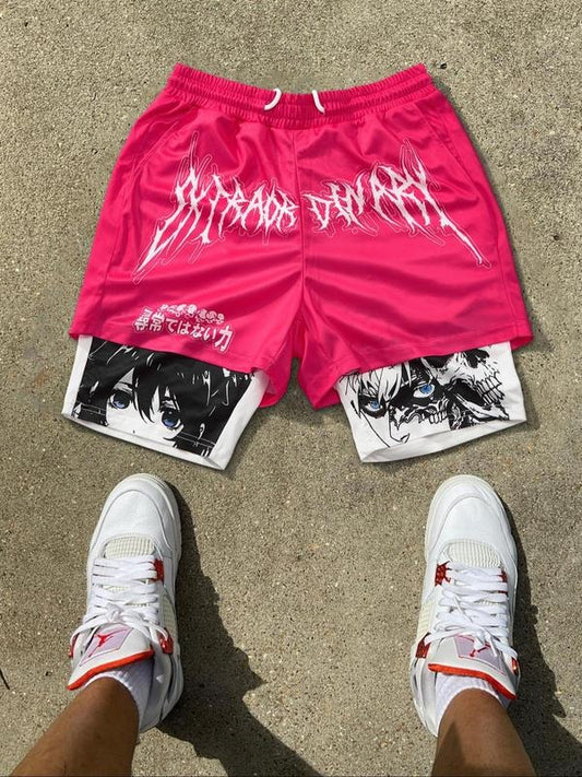 Men's Cartoon & Letter Print Double Layer Shorts, Regular Fit Casual Fashion Comfy Breathable Shorts for Summer, Men's Bottoms for Daily Wear