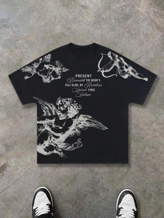 Men's Cartoon Angel Print Short Sleeve Tee, Regular Fit Casual Street Graphic Round Neck T-Shirt for Summer, Men's Top for Daily Wear, Streetwear