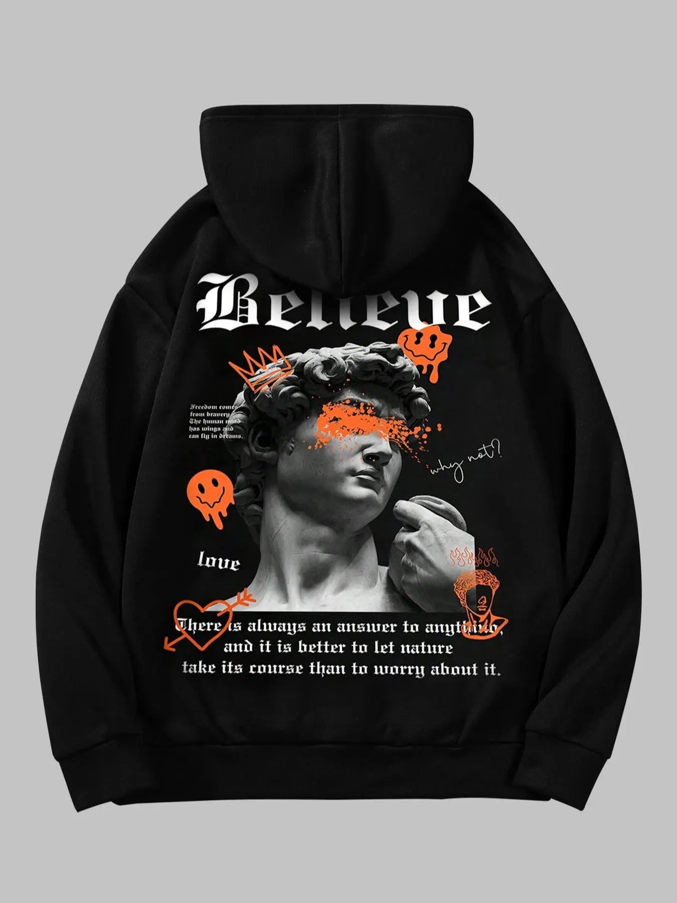 Men's Cartoon Face & Statue Graphic Pocket Drawstring Thermal Lined Hoodie, Regular Fit Casual Drop Shoulder Long Sleeve Hooded Sweatshirt, Men's Fall & Winter Clothes