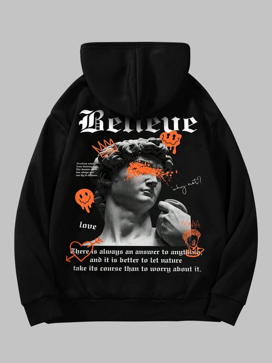 Men's Cartoon Face & Statue Graphic Pocket Drawstring Thermal Lined Hoodie, Regular Fit Casual Drop Shoulder Long Sleeve Hooded Sweatshirt, Men's Fall & Winter Clothes
