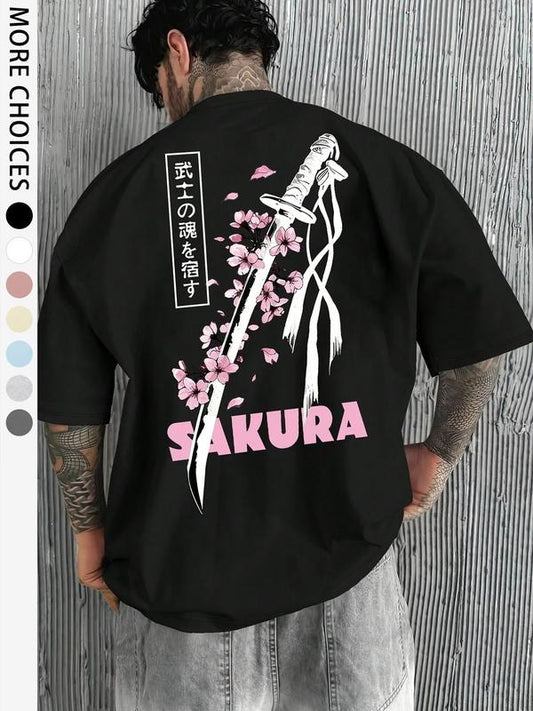 Men's Casual Katana Sword & Cherry Blossom Graphic Printed Loose Fit Round Neck T-Shirt, Casual T-shirt for All Season, Daily Wear
