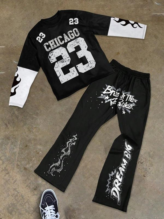 Men's Colorblock Letter Print Tee & Pocket Sweatpants Two-Piece Set, Regular Fit Round Neck Long Sleeve Top & Jogger Pants, Casual Fashion Cozy Breathable Men Two-Piece for All Seasons