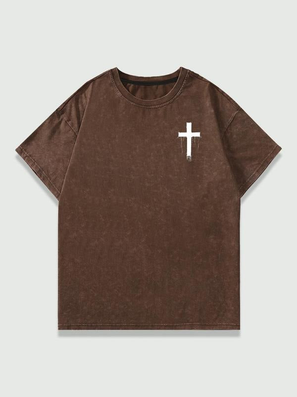 Men's Cross & Letter Print Short Sleeve Graphic Tee, Casual Street Comfy T-shirt for Summer, Menswear for Daily Wear, Top, Cotton