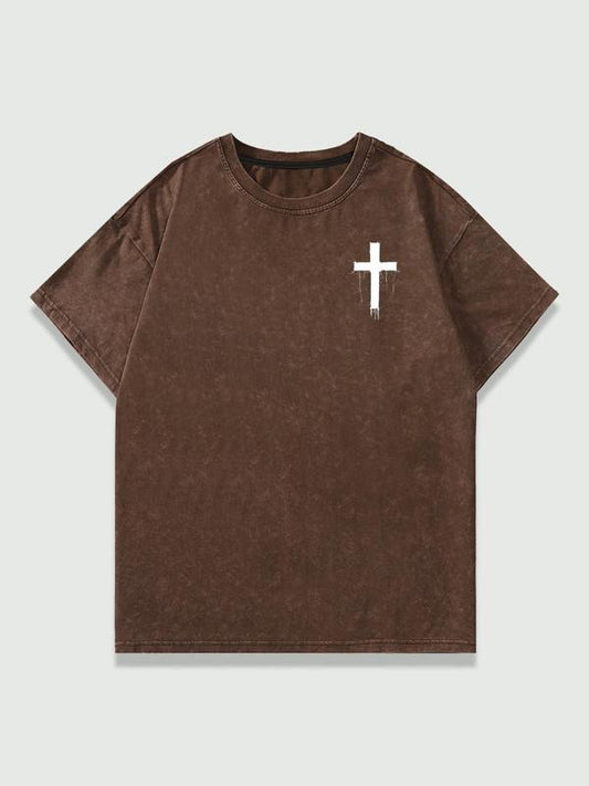 Men's Cross & Letter Print Short Sleeve Graphic Tee, Casual Street Comfy T-shirt for Summer, Menswear for Daily Wear, Top, Cotton