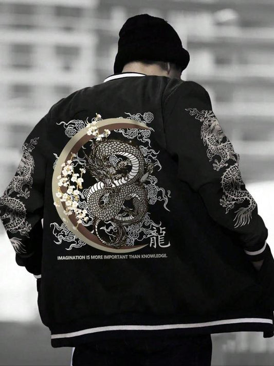 Men's Dragon Graphic Print Pocket Button Jacket, Regular Fit Punk Fashion Long Sleeve Outerwear for Daily Outdoor Wear, Men Clothes for Spring & Fall
