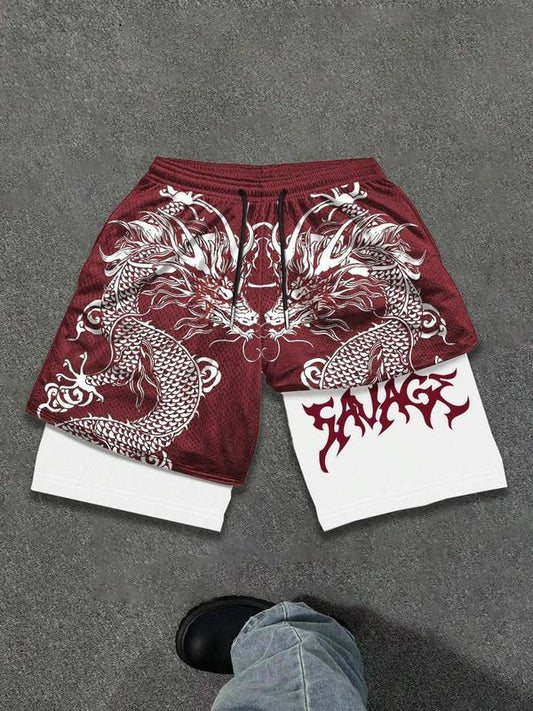 Men's Dragon Print Double Layer Shorts, Regular Fit Casual Fashion Cartoon Graphic Shorts for Summer, Men's Bottoms for Daily Wear