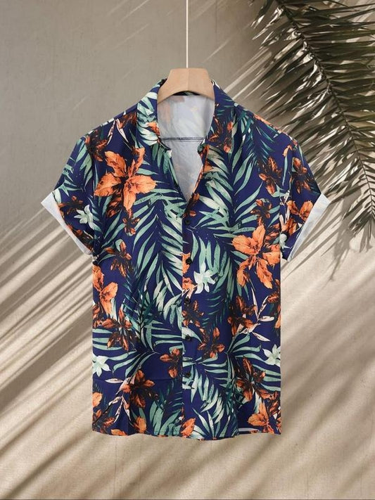 Men's Floral Print Short Sleeve Shirt, Regular Fit Casual Button Up Top for Summer, Fashion Men's Clothes for Beach Vacation, Menswear