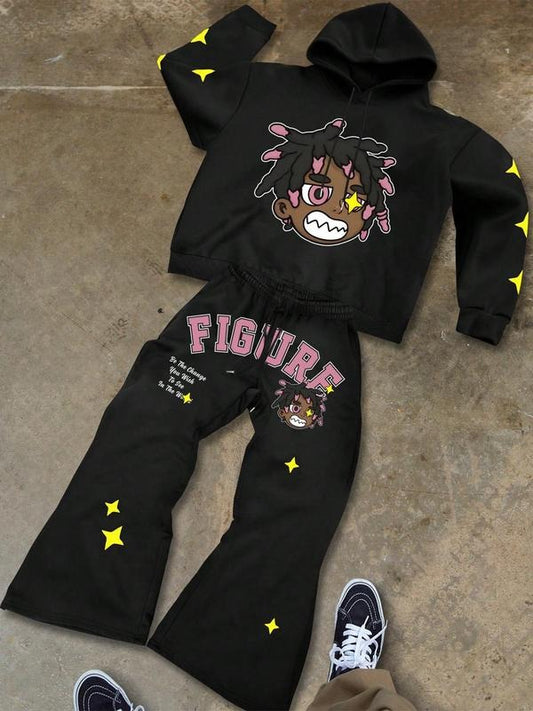 Men's Graphic Cartoon Face & Stars Print Sweatshirt & Drawstring Waist Sweatpants Set, Regular Fit Casual Street Slogan Print Long Sleeve Hooded Pullover & Pocket Jogger Pants, Men's Fall & Winter Clothes