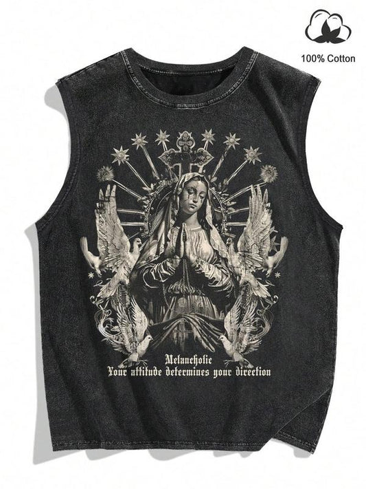 Men's Guadalupe Print Round Neck Tank Top, Regular Fit Casual Fashion Sleeveless Top for Summer, Men's Clothes for Daily Wear, Socks