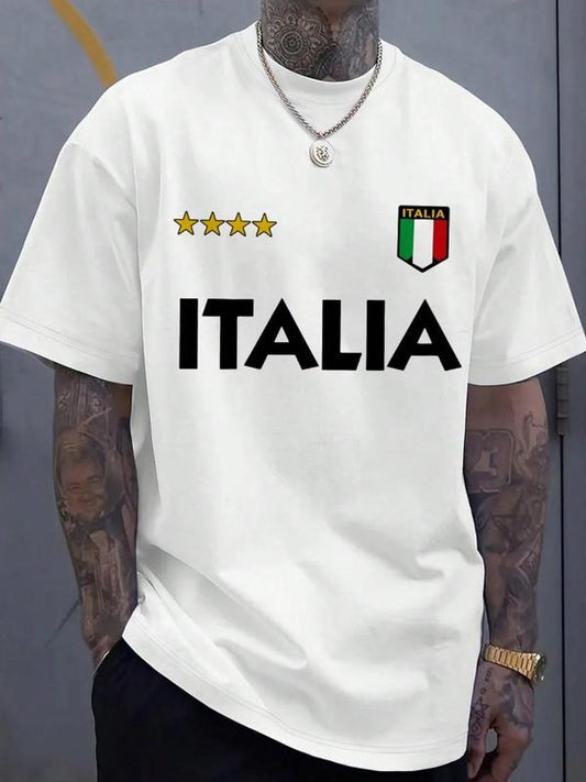 Men's Letter & Star Print Round Neck Graphic Tee, Regular Fit Casual Short Sleeve T-shirt for Summer, Men's Top for Daily Wear