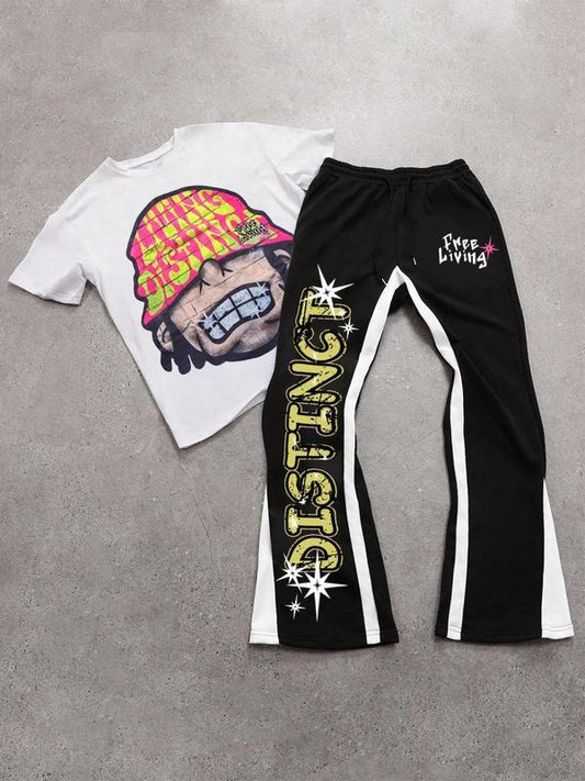 Men's Letter Graphic Tee & Pants Two-Piece Set, Regular Fit Casual Fashion Short Sleeve T-shirt & Bell Bottom Trousers for Daily Wear, Men's Outfits for All Seasons