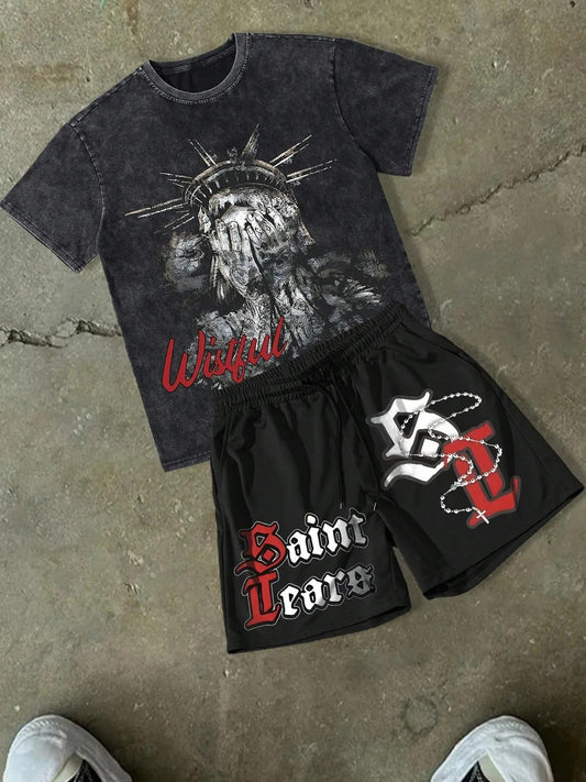 Men's Letter Graphic Tee & Shorts Two-Piece Set, Regular Fit Casual Round Neck Washed Distressed Short Sleeve T-shirt & Track Shorts, Men's Summer Clothes for Outdoor Wear, Cotton