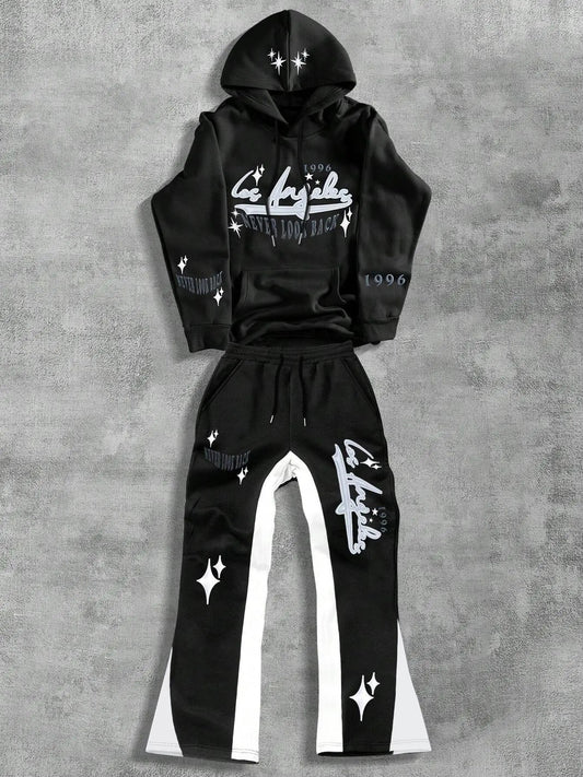 Men's Letter Print Hoodie & Sweatpants Set, Regular Fit Casual Long Sleeve Hooded Sweatshirt & Jogger Pants, Men's Spring & Fall Clothes