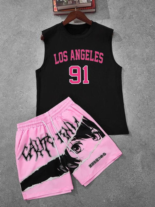Men's Letter Print Tank Top & Shorts Set, Regular Fit Casual Sleeveless Graphic Top & Track Shorts, Summer Clothes Set for Men