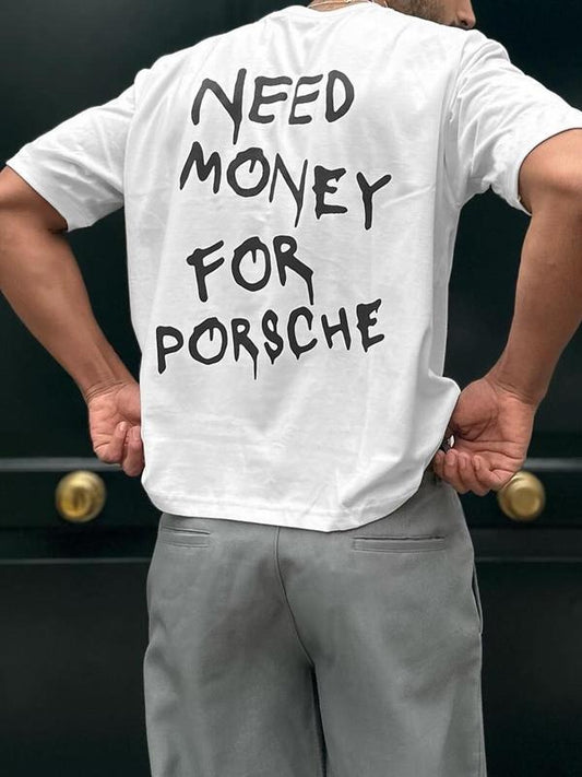 Men's Need Money for Porsche Short Sleeve Graphic Tee, Regular Fit Casual Round Neck T-shirt for Daily Wear, Men's Streetwear Top for Summer
