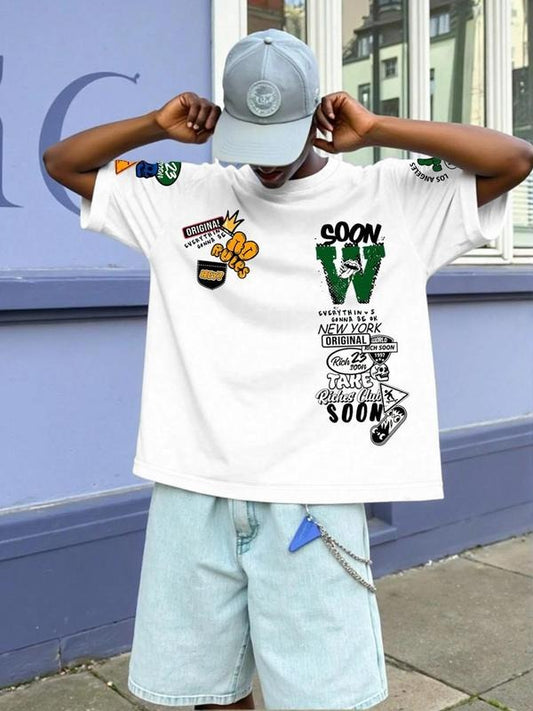 Men's Regular Fit Cartoon Graphic Print Round Neck Tee, Casual Short Sleeve T-shirt for Summer, Men's Top for Daily Wear, Socks