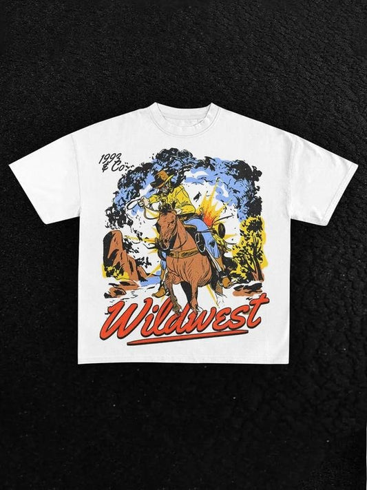 Men's Regular Fit Cowboy Print Round Neck Graphic Tee, Casual Short Sleeve T-shirt for Daily Wear, Men's Top for Summer