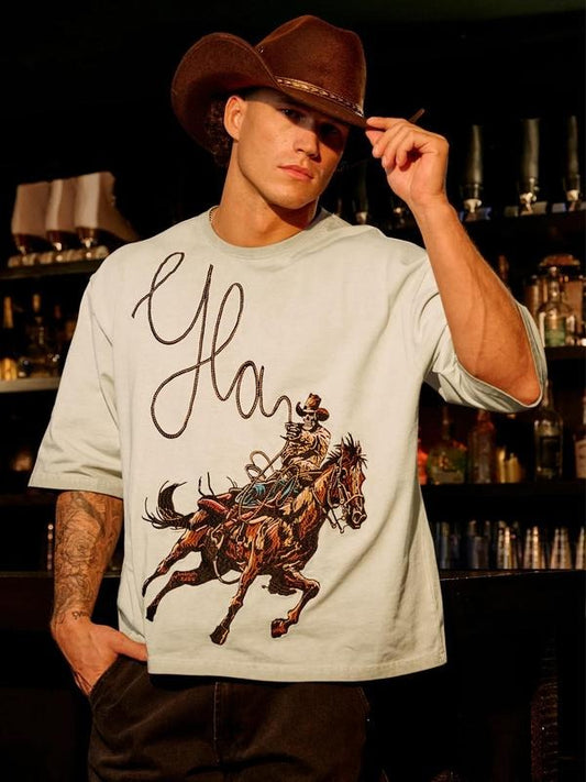 Men's Regular Fit Cowboy Print Short Sleeve Graphic Tee, Casual Comfy Round Neck T-shirt for Summer, Fashion Men's Top for Daily Wear, Cotton