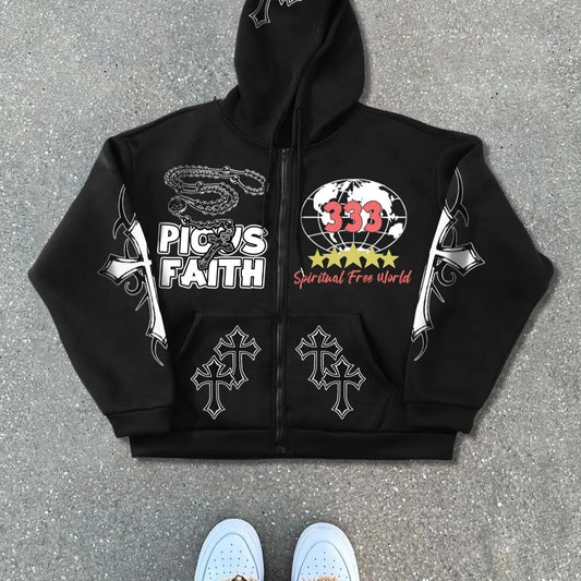Men's Regular Fit Graphic Print Zip Up Hoodie, Casual Comfy Long Sleeve Hooded Outerwear for Daily Wear, Fashion Men's Clothes for All Seasons