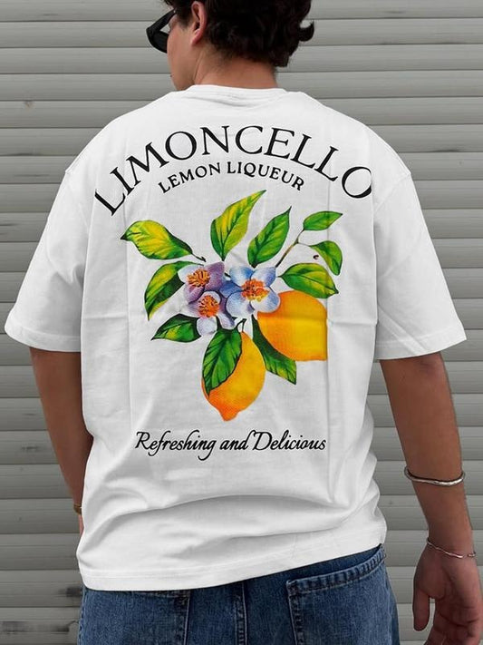Men's Regular Fit Lemon Print Round Neck Graphic Tee, Casual Short Sleeve T-shirt for Summer, Men's Top for Daily Wear, Tropical