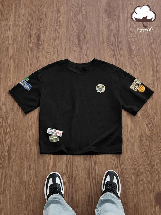 Men's Regular Fit Letter & Patch Print Round Neck Graphic Tee, Casual Short Sleeve T-shirt for Summer, Men's Top for Daily Wear