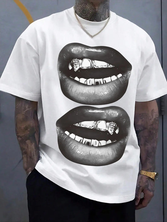 Men's Regular Fit Lip Print Drop Shoulder Graphic Tee, Casual Comfy Short Sleeve Round Neck T-shirt for Summer, Fashion Men's Top for Daily Wear