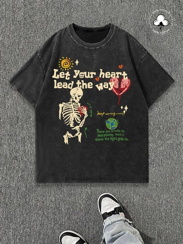 Men's Skeleton & Letter Print Distressed Short Sleeve Graphic Tee, Regular Fit Casual Round Neck T-shirt for Daily Wear, Men's Top for Summer, Tropical