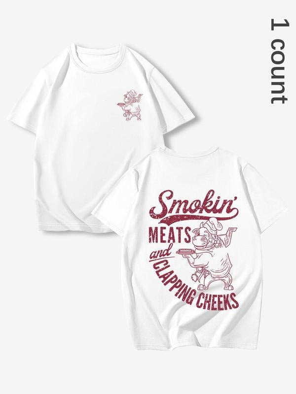 Men's Smoking Meat Graphic Tee, Regular Fit Casual Short Sleeve T-shirt for Summer, Men's Top for Outdoor Barbecue