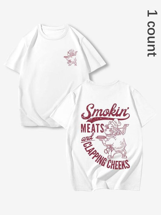 Men's Smoking Meat Graphic Tee, Regular Fit Casual Short Sleeve T-shirt for Summer, Men's Top for Outdoor Barbecue