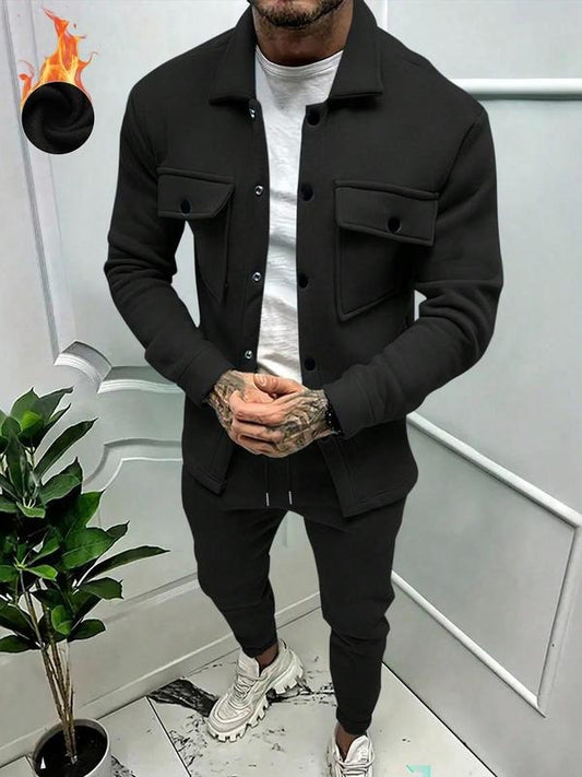 Men's Solid Button Front Jacket & Pocket Sweatpants Set, Regular Fit Casual Classic Fashionable Long Sleeve Collared Outerwear & Jogger Pants for Daily Wear, Men's 2 Piece Set, Men's Two-piece Outfits for Fall & Winter
