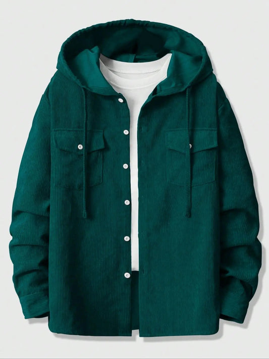 Men's Solid Button Pocket Drawstring Hooded Jacket, Regular Fit Casual Long Sleeve Outerwear for Spring & Fall, Fashion Men's Clothes for Daily Wear