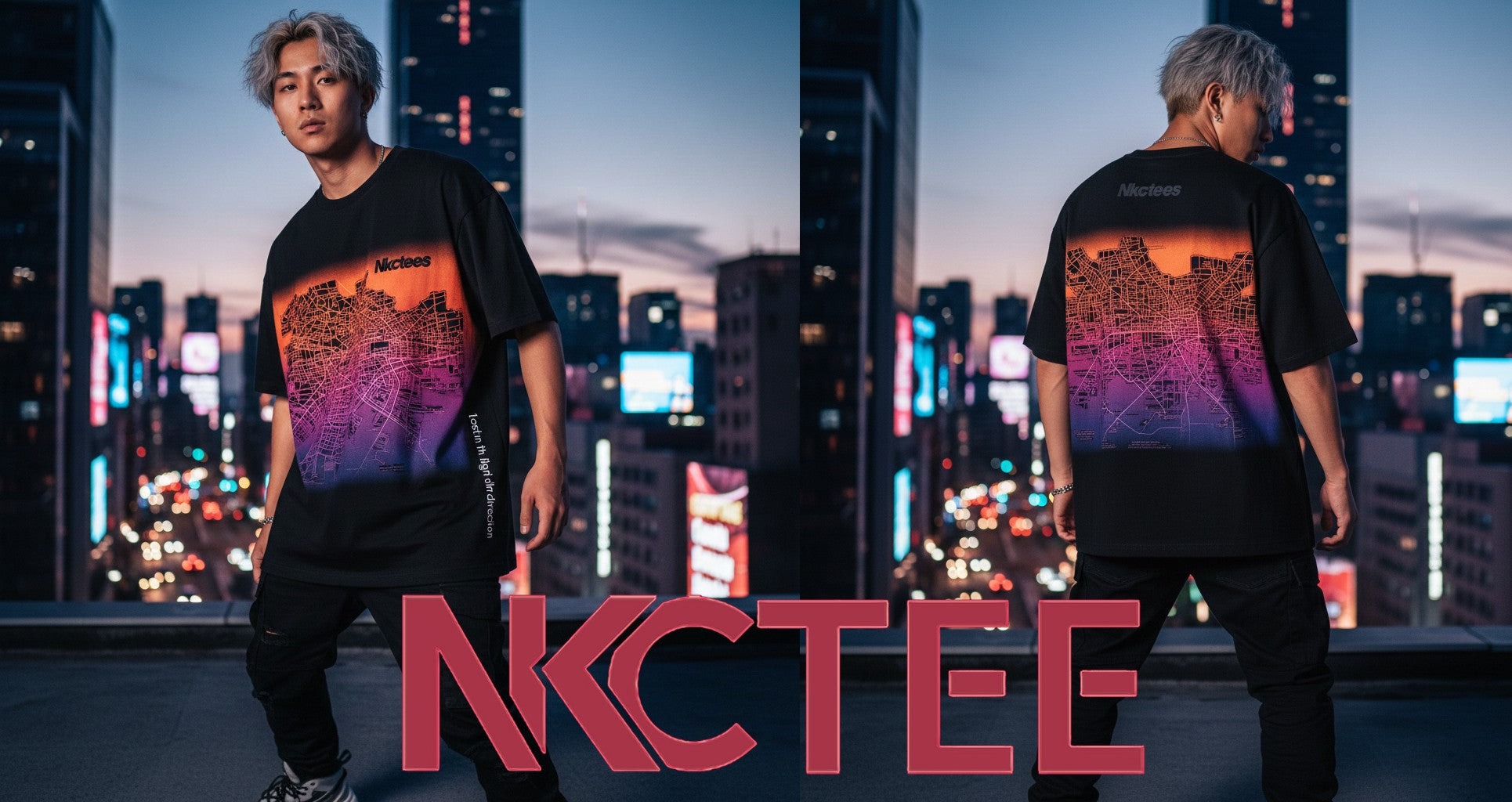 Men’s oversized Nkctees black t-shirt with gradient urban map graphic print.