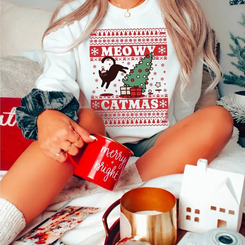 Meowy Catmas Sweatshirt, Ugly Cat Sweatshirt, Custom Catmas Christmas Sweatshirt, Funny Cat Lovers Gifts, Cute Meowy Christmas Sweatshirts