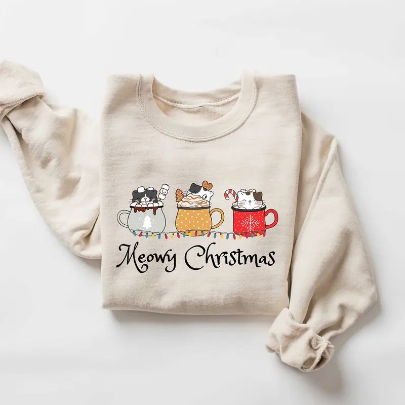Meowy Christmas Cat Sweatshirt, Cat Lover Xmas Crewneck, Funny Christmas Cat Hoodie, Shirt For Cat Lover, Cat Mom Giftstyle{n002}2