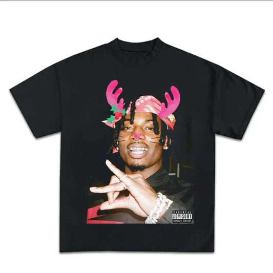 Merry Christmas Carti Graphic Rap Tee Shirt Big Face King Vamp Reindeer Cute Crewneck Top Menswear