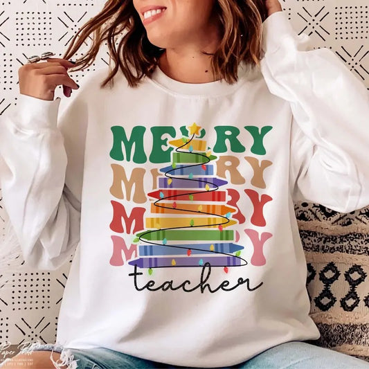 Merry Teacher T-Shirt, Teacher Christmas Sweatshirt, Christmas Gifts for Teachers, Merry Christmas Clothing, Unisex Cotton Crewneck