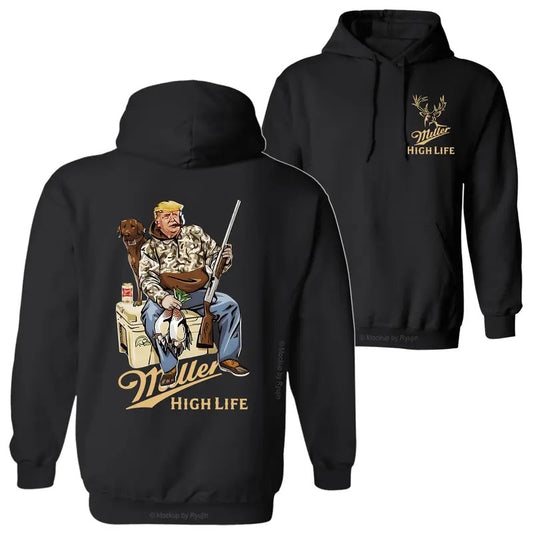 Miller High Life Trump Hunter Sitting Next to Hunting Dog and Miller Beer Can Christmas Season Graphic Printed Unisex Classic Hoodie Sweatshirt