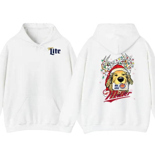 Miller Lite Christmas Golden Dog 2 Sided Hoodie, Miller Lite Christmas Gift Outdoors Funny Beer Sweatshirt, Full Color For Men And Women, Trendy T-Shirt