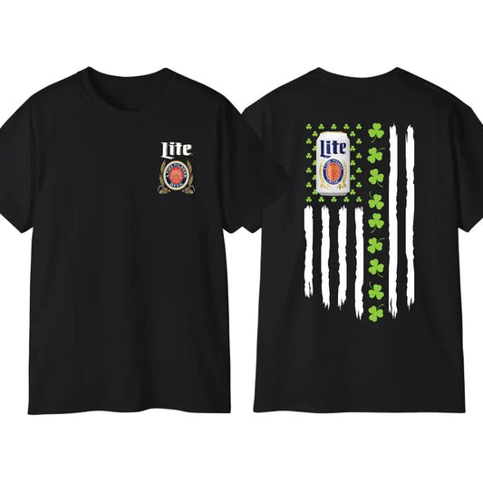Miller Lite Flag With Shamrocks For St. Patrick's Day T-Shirt Sweatshirt Hoodie, Unisex Hoodie, American Flag Tee