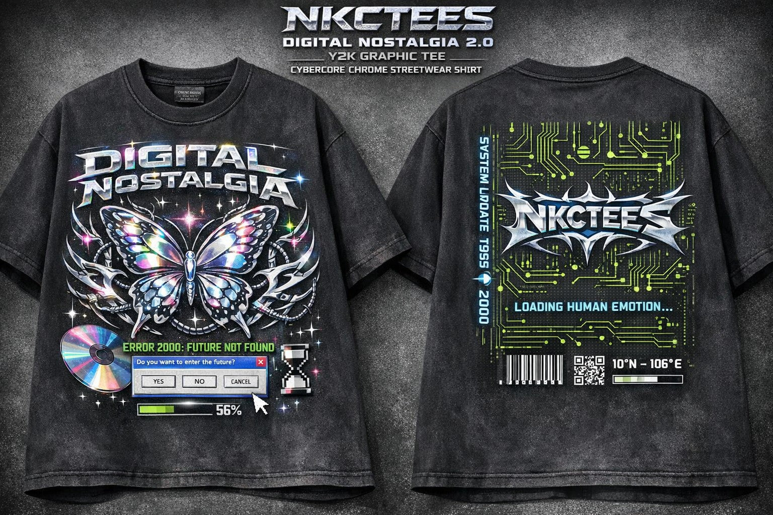 NKCTEES Digital Nostalgia 2.0 Y2K Graphic Tee – Cybercore Chrome Streetwear Oversized T-Shirt