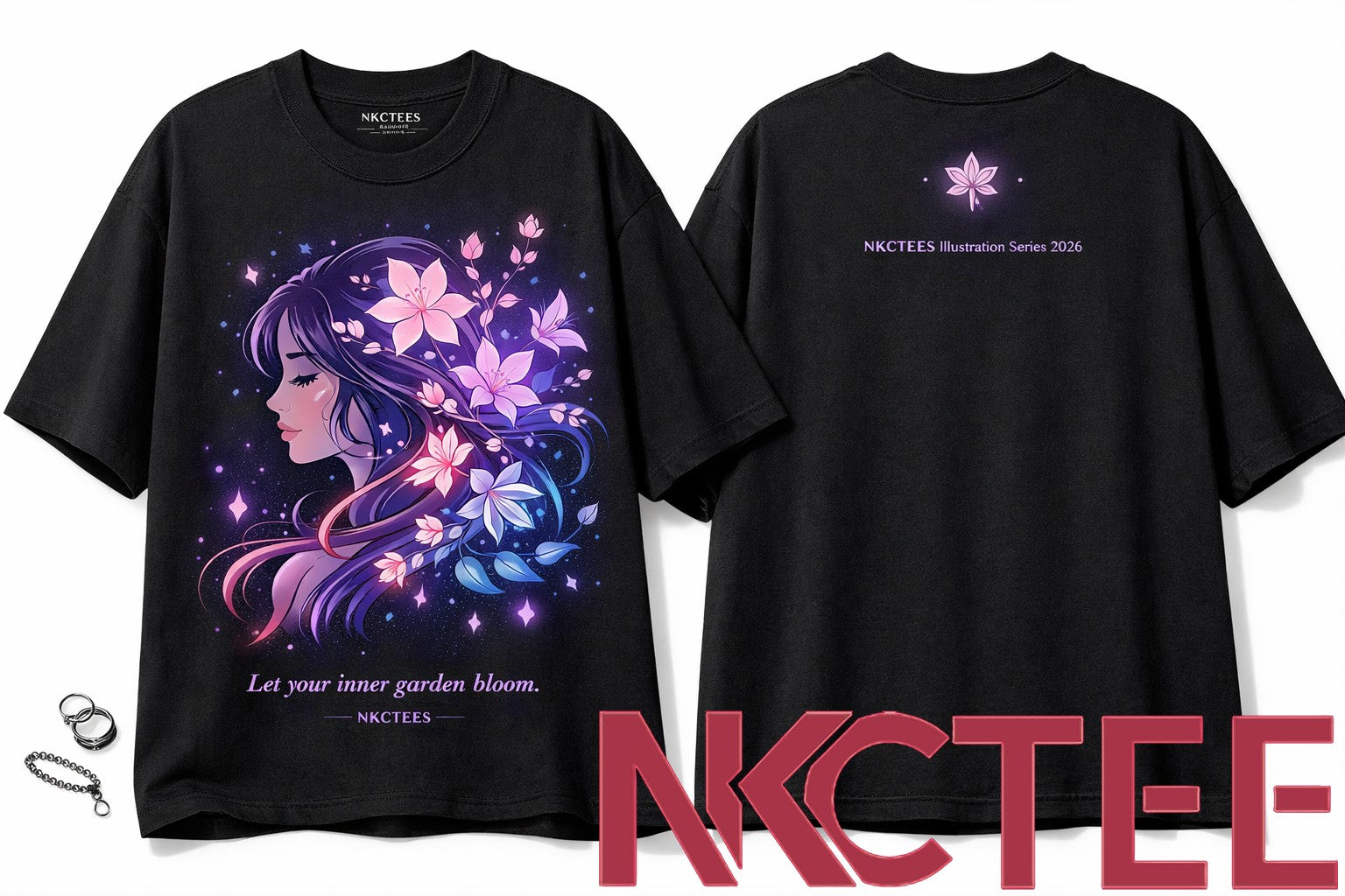 NKCTEES Midnight Bloom Illustration Tee – Unisex Artistic Glow Gradient T-Shirt 2026