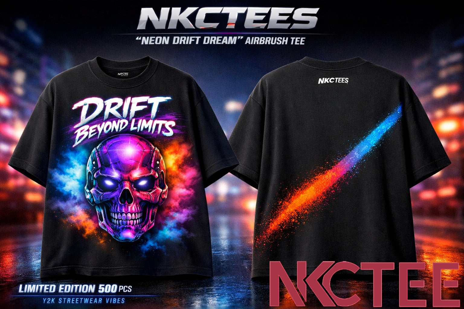 NKCTEES Neon Drift Dream Airbrush Tee – Streetwear Y2K Gradient Cyber ​​Skull T-Shirt