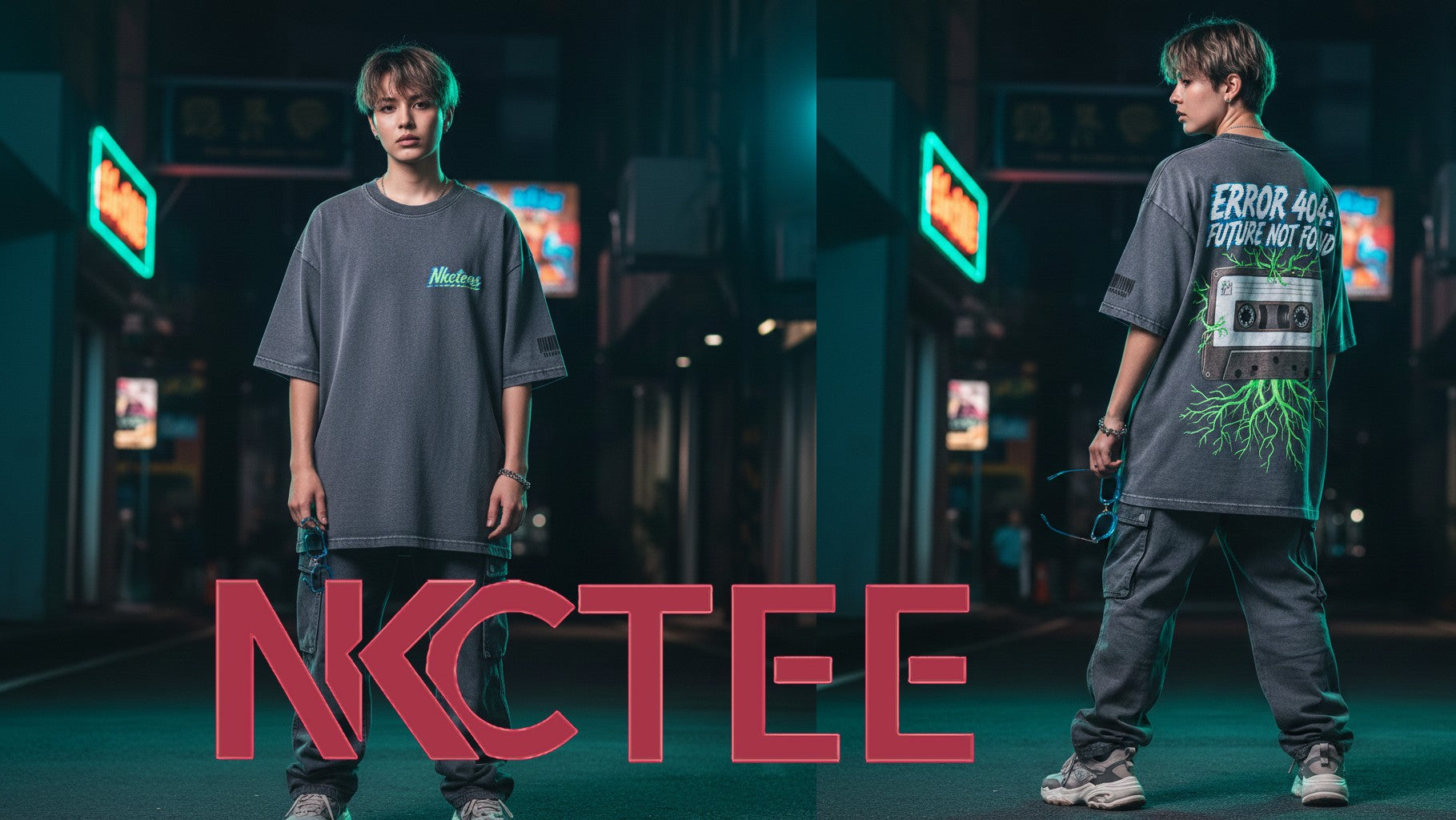 Nkctees® Cyber-Nostalgia Graphic Tee – Acid Wash Grey – Oversize Streetwear