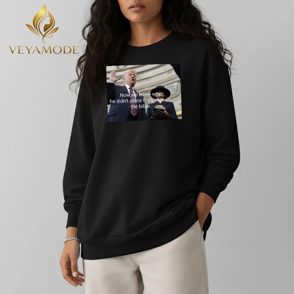 Now we know why he didn’t place his hands on the bible Trump tee