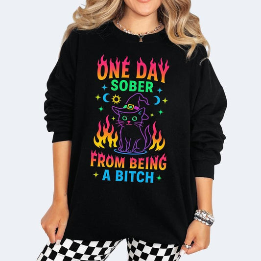 ONE DAY FROM BEING A BITCH HALLOWEEN SPOOKY Long Sleeve Crewneck Sweatshirt T Shirt or Hoodie Casual Poly Cotton Blend Graphic Design Unisex Fit Pullover Top Gothic Womenswear Comfy Statement