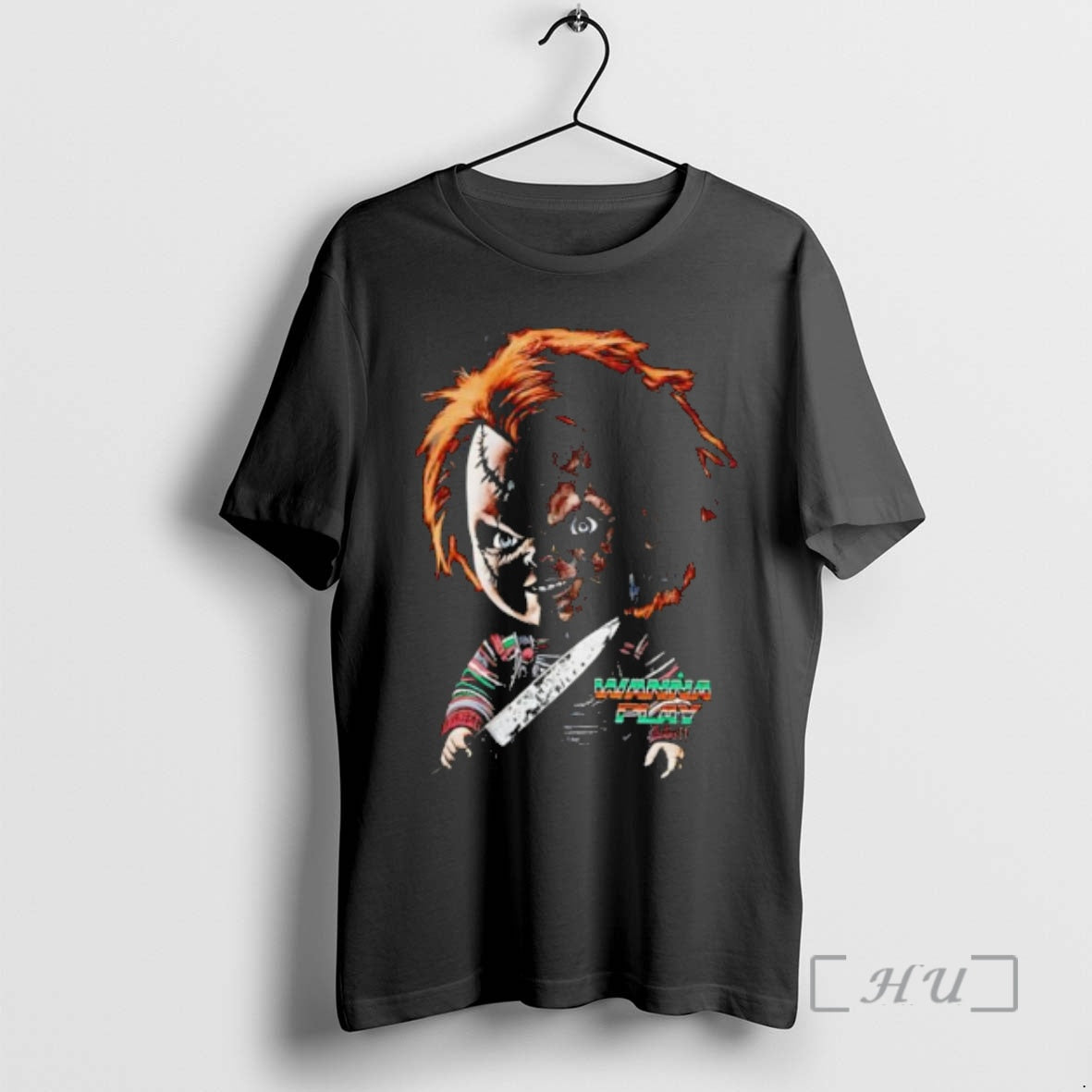 Officials Chucky Wanna Play Horror Movie Character Holding Knife Graphic T-Shirts, Hoodie, Sweatshirt | VibeTeeNation.com