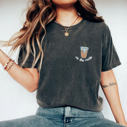 On The Rocks Iced Coffee Shirt, Coffee Graphic Tee, Coffee Lover Shirt, Gift for Her, Coffee Lover Gift, Comfort Shirt for Women, Birthday Gift for Her, Iced Coffee Tee, Funny Shirt for Mom, Retro Coffee Shirt, Funny Gift for Coffee Lover, Women Top