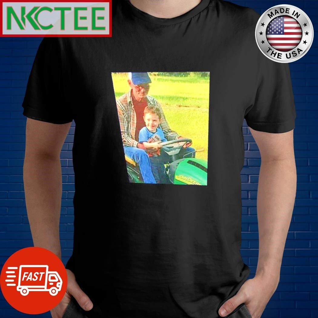 Original Old man driving lawn mower with grandson photo shirt