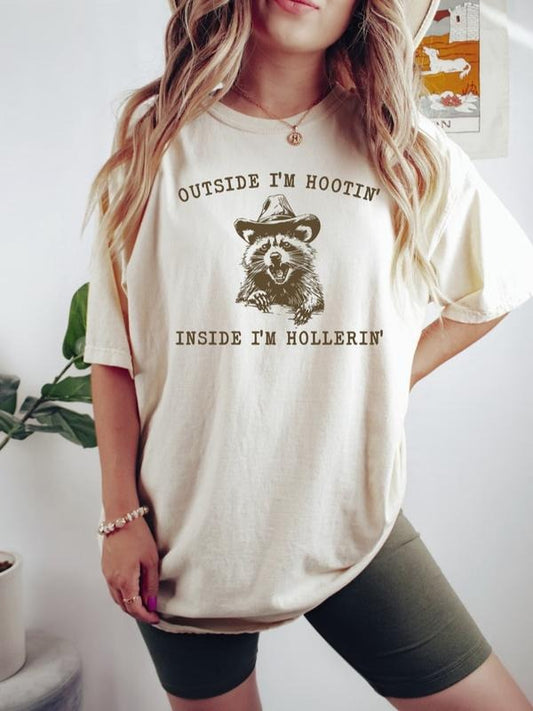 Outside I'm Hootin But Inside I Be Hollerin T-Shirt, Funny Meme Shirt, Raccoon Cowboy Shirt, Funny Animal Shirt, Western Shirt Summer Shirts Menswear Top Underwear Man Tshirt Streetwear Tropical Crewneck Round Neck Casual