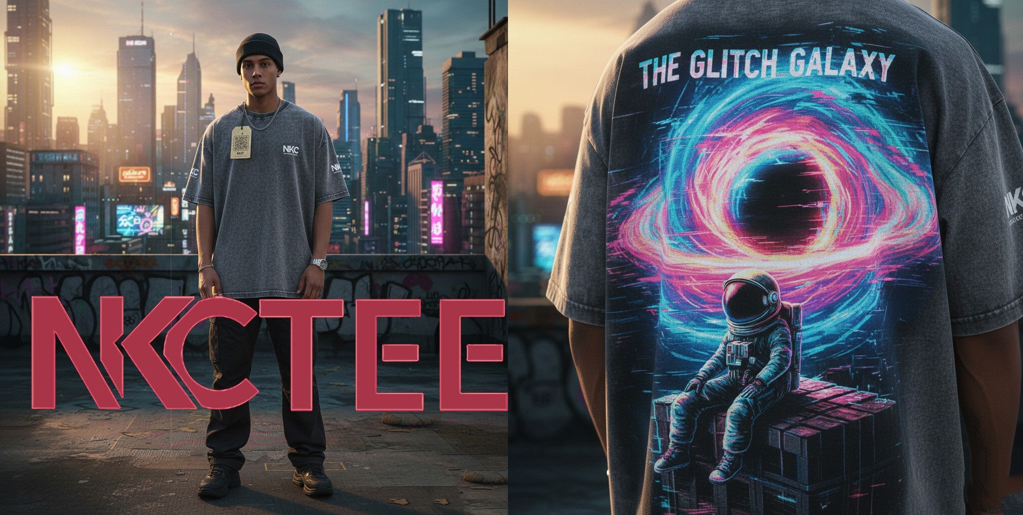 Oversize T-Shirt The Glitch Galaxy – 100% Cotton Acid Wash Grey – Surreal Streetwear Style